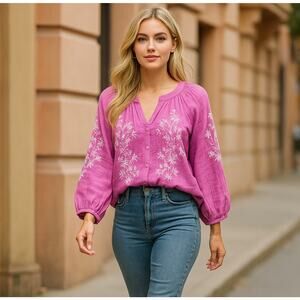 Style Co Pink Embroidered Floral Top Blouse 3/4 Sleeve Medium to Large Boho
